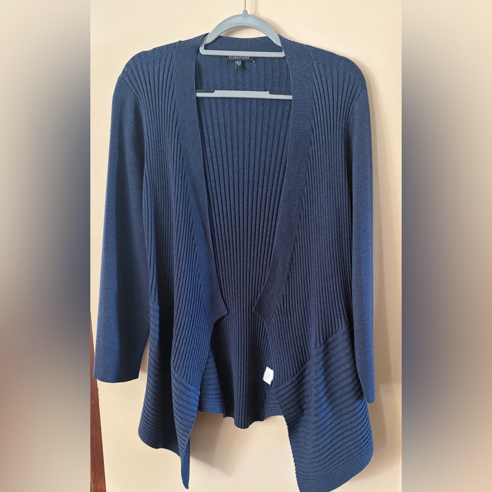 Eileen Fisher 100% Italian Merino Wool Blue Draped Cardigan, 29" Long, Size L